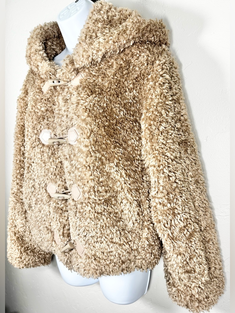 Galita Cozy Khaki Teddy Toggle Jacket with Hood Size Small - Picture 5 of 14